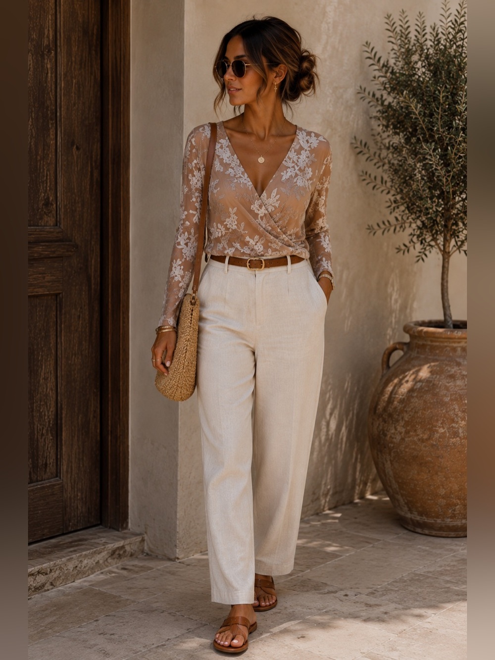 Dynamite Blush Taupe Floral Textured Bodysuit